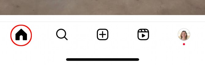 Bottom navigation for Instagram app with the Home icon pointed out.