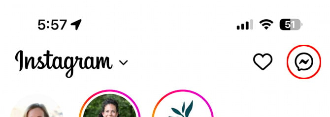 Top navigation for Instagram app with the Messaging icon pointed out.