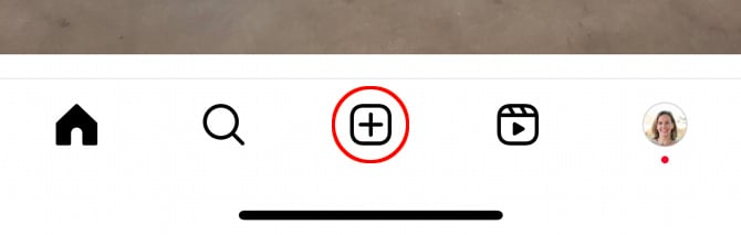 Bottom navigation for Instagram app with the Post icon pointed out.