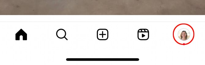 Bottom navigation for Instagram app with the Profile icon pointed out.