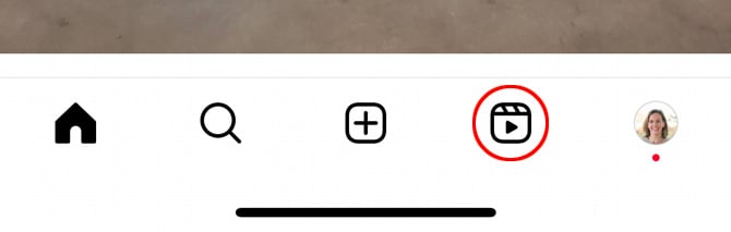 Bottom navigation for Instagram app with the Reels icon pointed out.