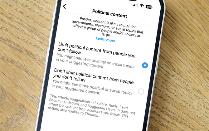 Screenshot of Instagram political content setting.