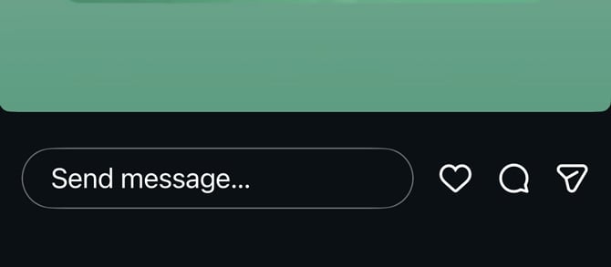 Story view showing the action bar at the bottom: text field, Heart, comment bubble, and Share icons.