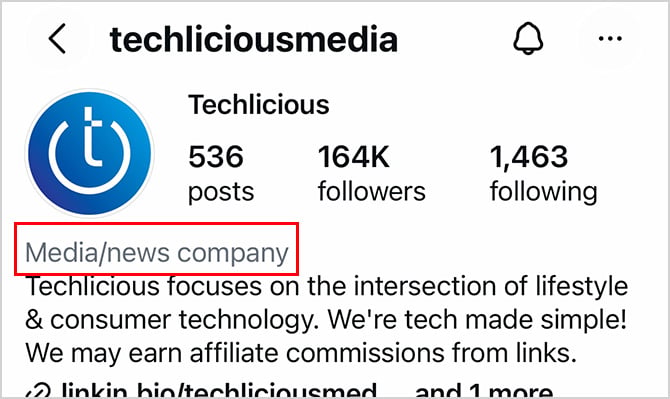 Techlicious Instagram account with 'Media/news companyu' highlighted,