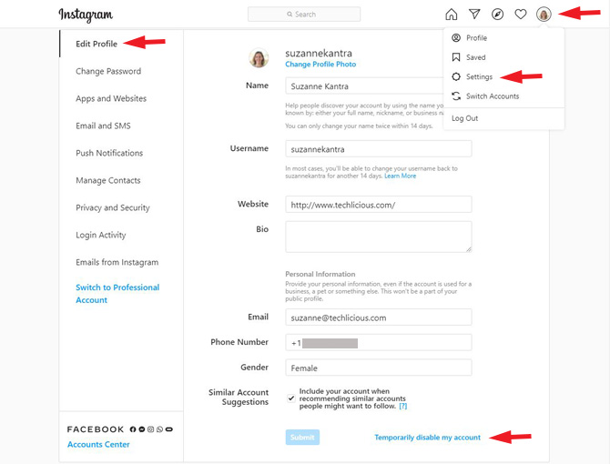 Instagram Settings page pointing out where to find the profile picture, Settings, Edit Profile and Temporarily disable my account. 