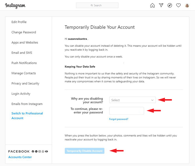 Instagram Temporarily Disable Your Account page pointing out the pulldown menu for Why are you disabling your account, where to re-enter your password and the Temporarily Disable Account button.