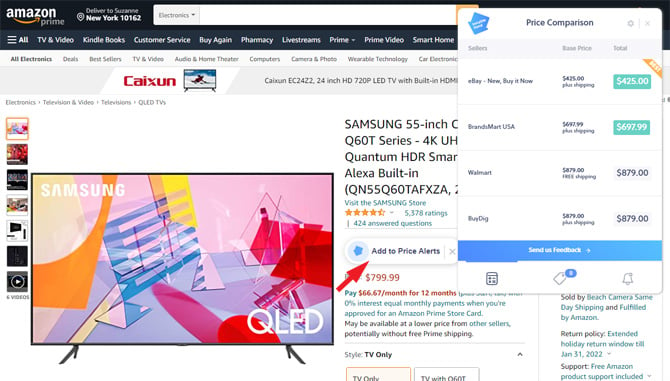 Amazon page for the Samsung QN55Q60TAFXZA TV showing the Invisible Hand price comparison box and the Add to Price Alerts button (pointed out with arrow).