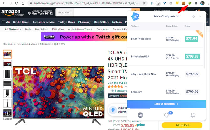 Amazon page for the TCL 55R635 showing a popup from InvisibleHand listing lower prices on other retail sites. Whether shipping is free is indicated.