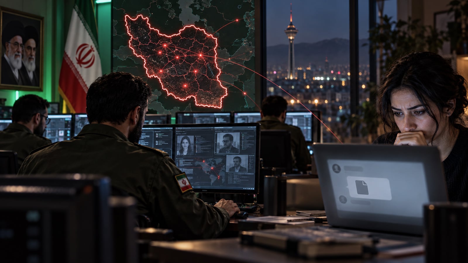 Conceptual image of Iranian uniformed hackers spying on a journalists in the foreground