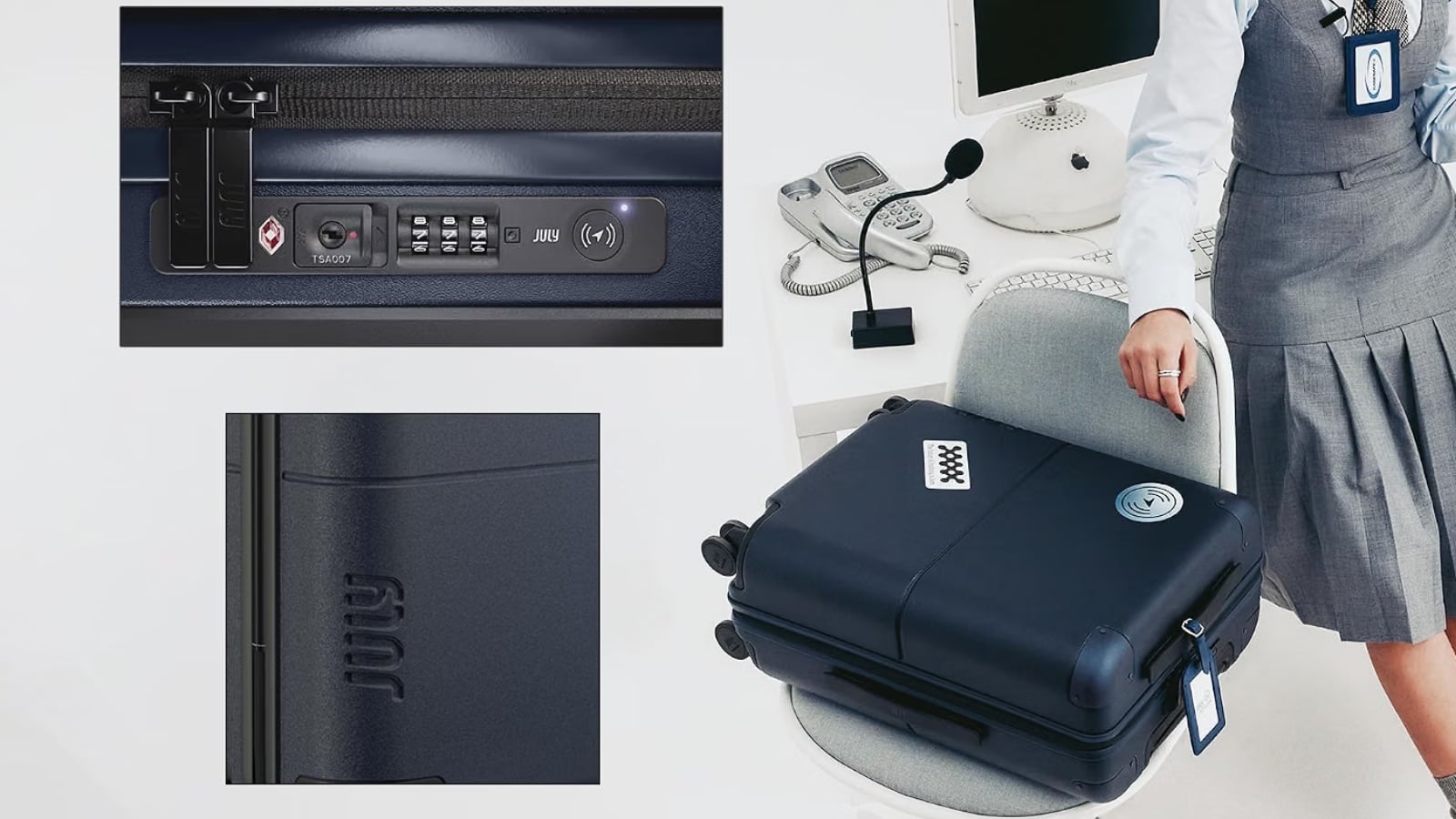 Navy blue July CaseSafe luggage shown from different angles