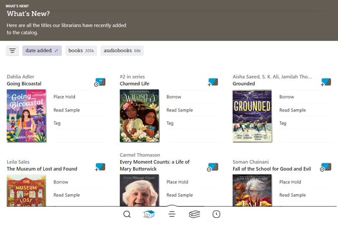 Libby app screenshot showing public library books categorized as What's New.