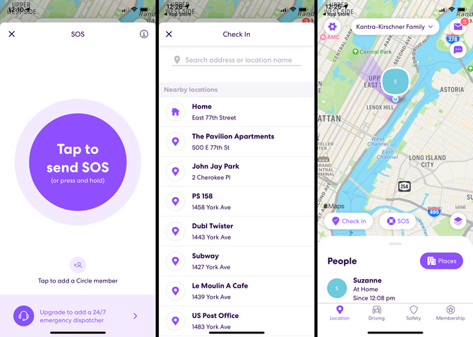 Three screenshots of Life360. From the left, the first screenshot shows the safety button with the words: Tap to send SOS. The second screenshot shows a list of nearby locations that you can choose to mark as where you are. The third screenshot shows a map with a person's location, the name of the location and the time the person checked into the location. 
