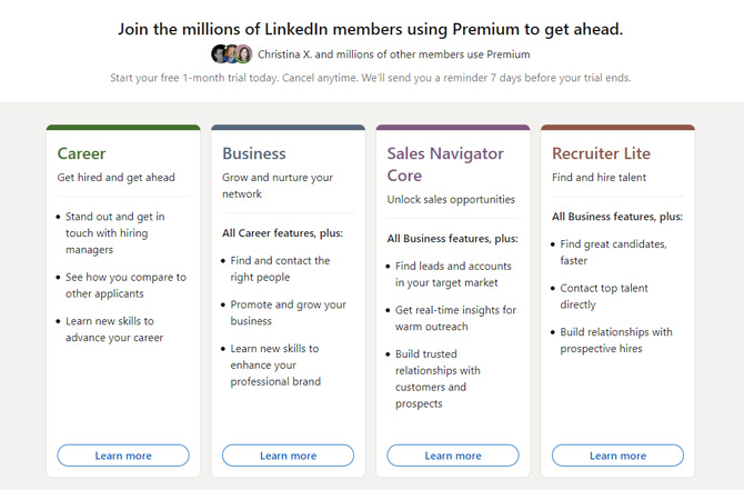 Linked In premium plans that show service options without pricing.