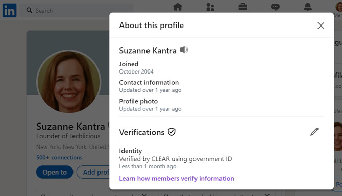 LinkedIn profile showing verification information.