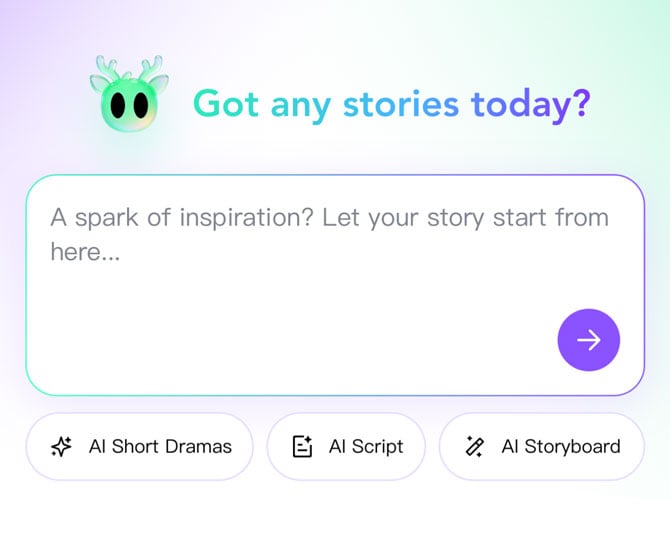 Meantio AI conversation window with options for creating an AI short drama, AI script, and AI storyboard