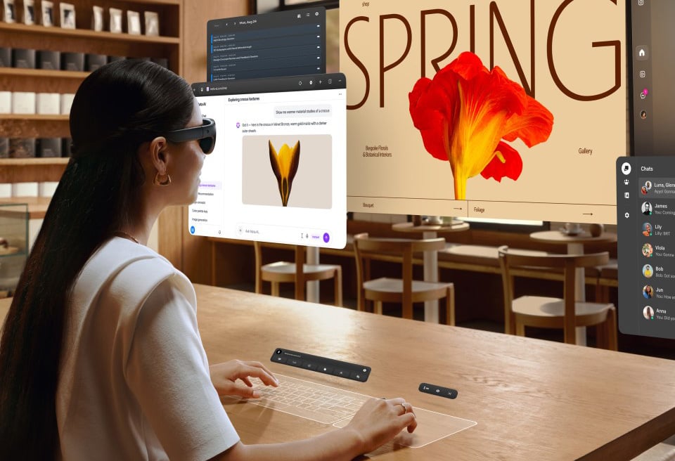 Woman shown wearing Meta VR Glasses working on a virtual desktop.