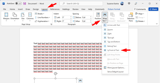 Microsoft Word Layout menu with Wrap Text and In front of text highlighted.