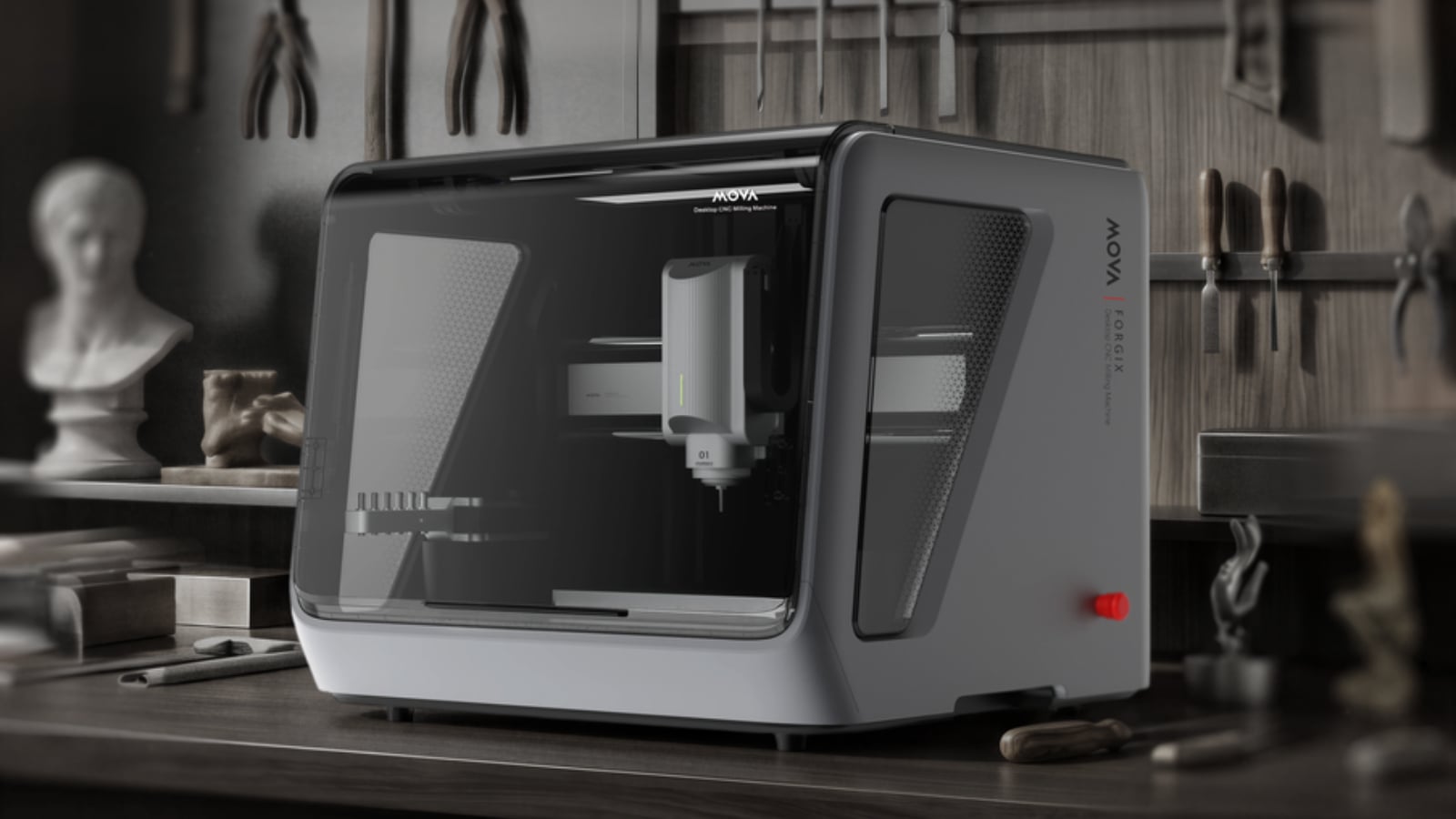 MOVA Forgix desktop CNC milling machine on a workshop bench