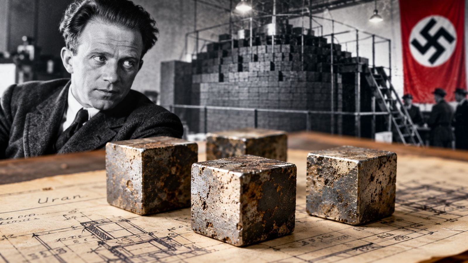 Uranium cubes sit on nuclear reactor blueprints with a German scientist and Nazi flag in the background.
