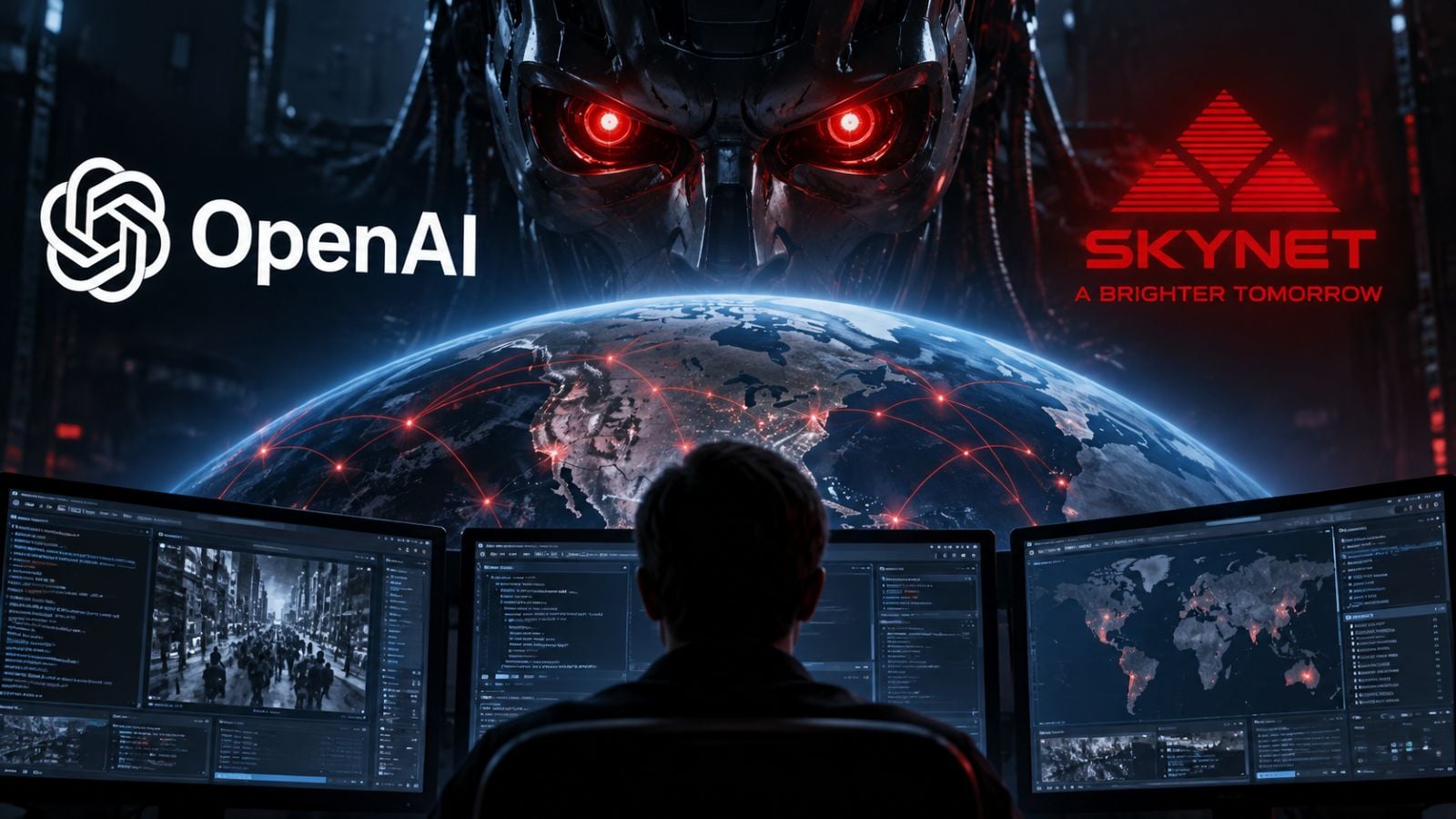 Conceptual image with OpenAI logo and Skynet logo with terminator in background