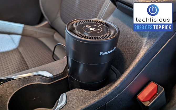 Panasonic nanoe X Portable Air Purifier in car cup holder.