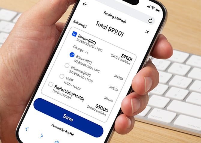 Phone shows using Bitcoin to pay a PayPal transaction