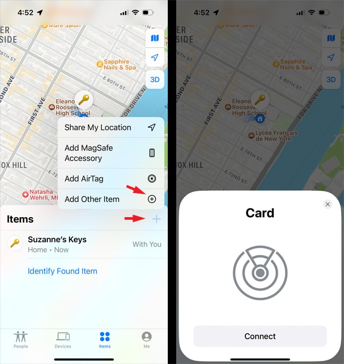 Screenshots of Find My app.  On the left, you'll see the items screen with an item added as well as the mention and another item added.  On the right, you see the Find My app that watches the Pebblebee card.