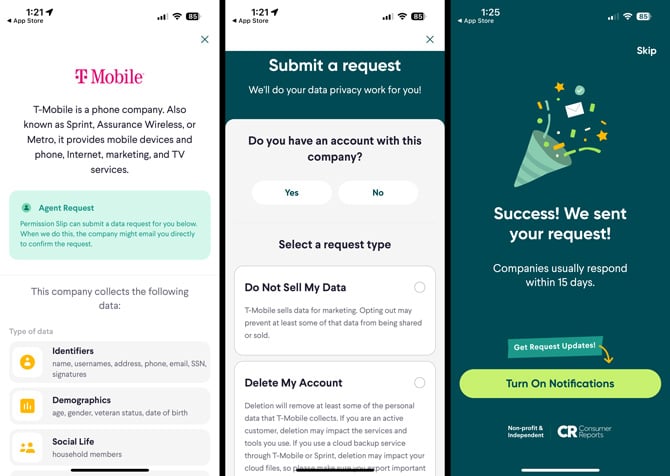 Three screenshots of the Permission Slip app. On the left you see  you see that you can use the app to submit a data request for you and of three of the types of data T-Mobile collects: Identifiers, demogahics, and social life. In the middle you see te options: Do Not Sell My Data and Delete My Account. On the right you see a notice that the app successfully sent a request and a not that companies usually respond within 15 days. 