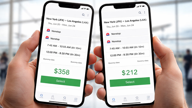 Concept image of two phones showing different prices for the same flight.