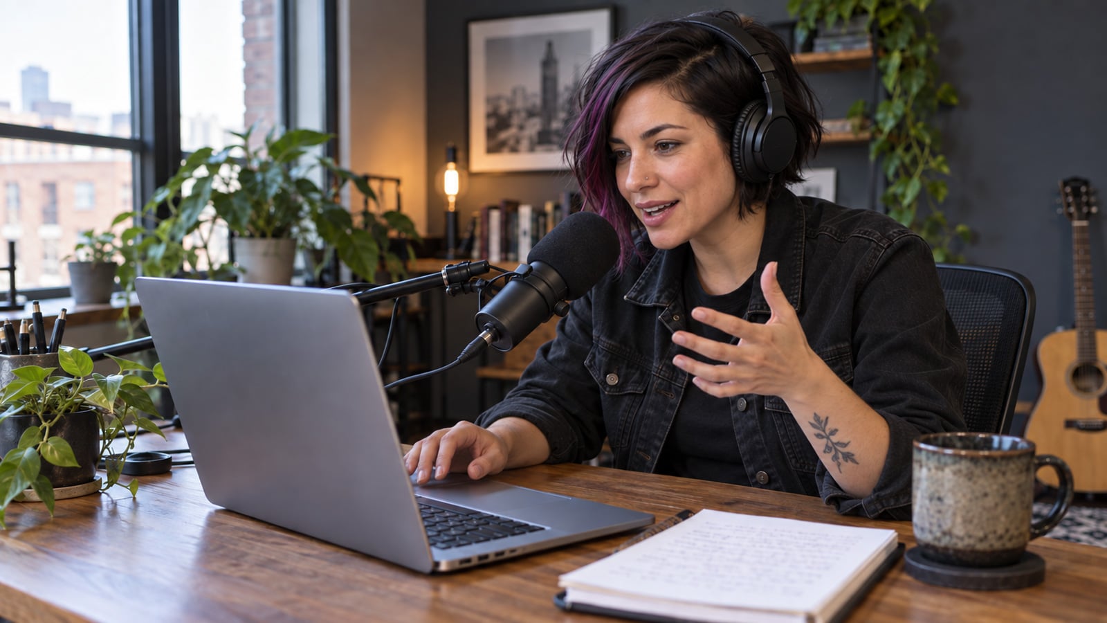 A woman wearing headphones speaks into a podcast microphone while gesturing beside a laptop in a home studio.