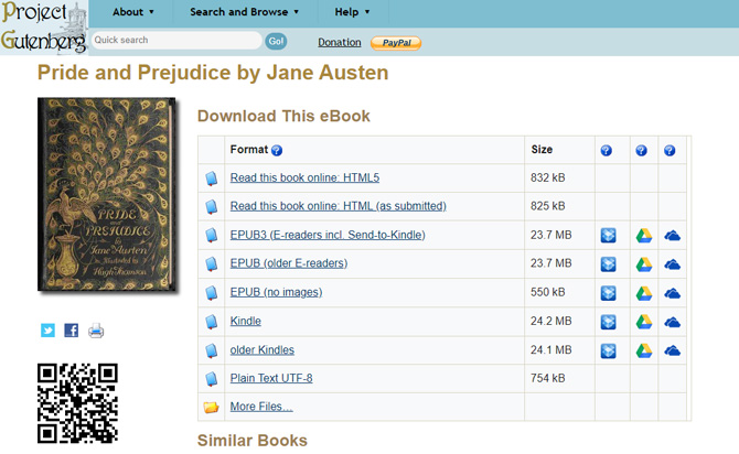 Screenshot of Project Gutenberg Pride and Prejudice page showing download formats in HTML, EPUB, and Kindle