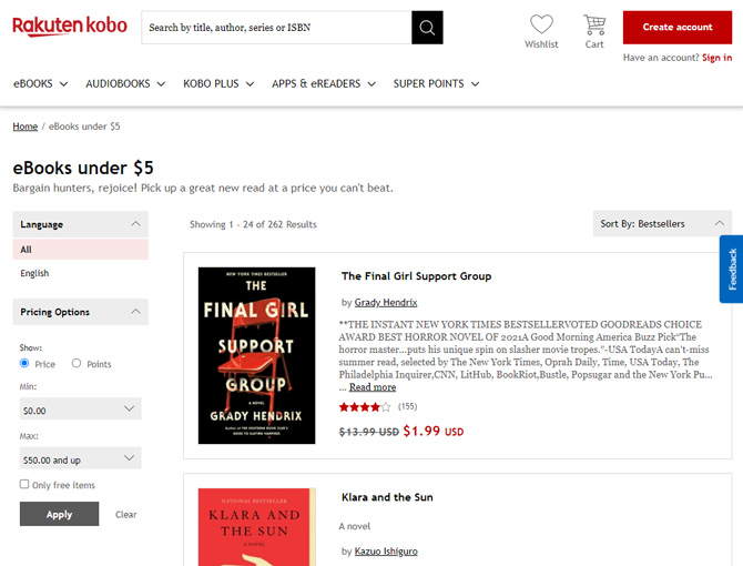 Screenshot of eBooks by Rakuten kobo showing ebooks under $5. You can see the option to sort by price, limit to free items, and place a maximum price. 