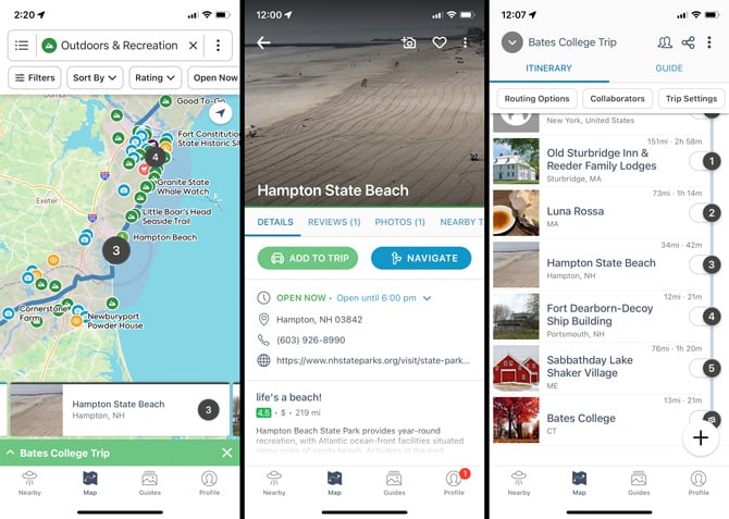 Three screenshots of the Roadtrippers app: From the left, the first screenshot shows a map with a route highlighted, multiple icons for activities and sights, and a large 3. Below the map, you see a picture of Hampton State Beach in Hampton, NH, with a large 3 next to it. In a green bar, you see Bates College trip. The navigation at the bottom of each screenshot is Nearby, Map, Guides, and Profile. In the second screenshot, you see the listing for Hampton State Beach with the option to Add to trip and Navigate. You can see reviews and photos and hours of operation, the address, phone number, and website. In the third screenshot, you see a list of all of the Bates College road trip stops, along with the miles between each stop and the amount of time it will take between stops.
