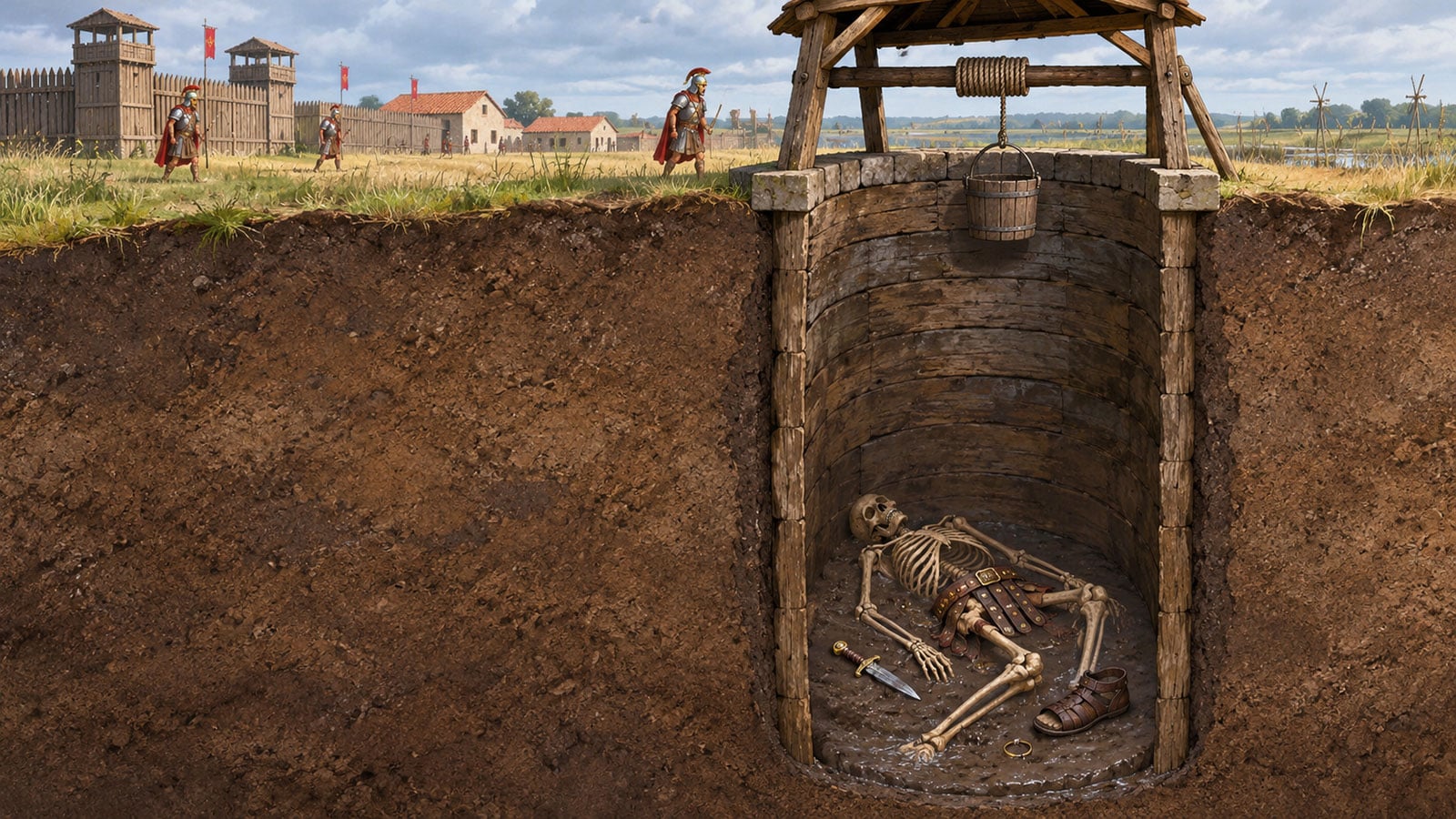 write alt text Cutaway illustration of an ancient Roman well showing a skeleton at the bottom beside a dagger, military belt, and sandal, with a Roman fort above ground.