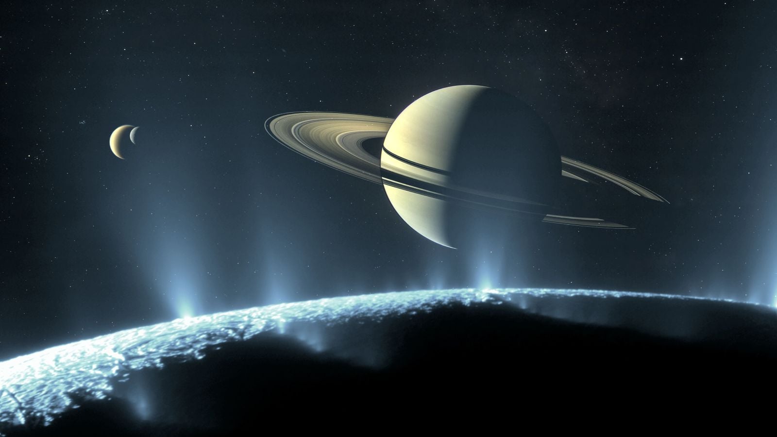Artist's illustration of Saturn and its rings above the icy surface of Enceladus, with pale blue plumes of water vapor and ice erupting from cracks in the foreground and two crescent moons in the distance.