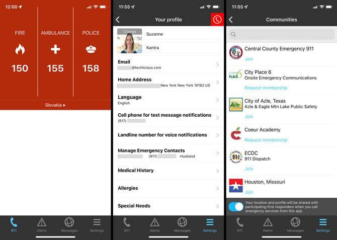 Three screenshots of the SirenGPS app. From the left, the first screenshot shows numbers for fire, ambulance, and police in Slovakia. The second screenshot shows an emergency contact profile with home address, and emergency contact information. The third screenshot shows a list of communities that participate in SireGPS.