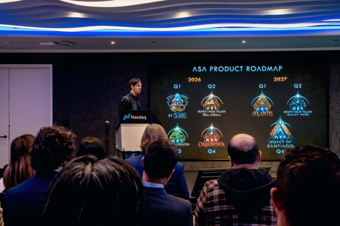 Jeremy Stieglitz opn stage with slide showing ARK 2026 and 2027 product roadmap