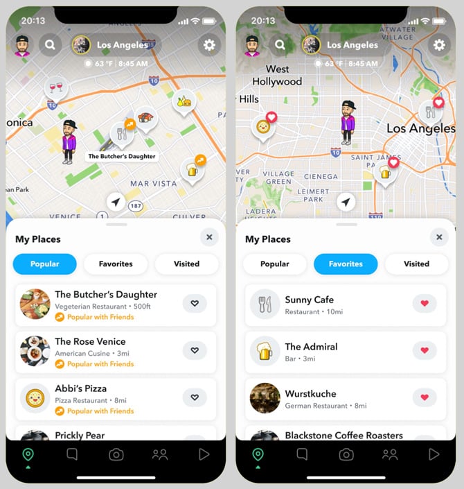 Two screenshots of Snap Map. On the left, you see Popular places, and on the right, you see favorite places