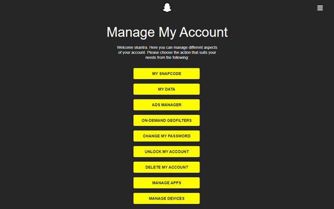 Screenshot of the Snapchat account management portal showing options for My Snapcode, my data, ads manager, on-demand geofilters, change my password, unlock my account, delete my account, manage apps, and manage devices. 