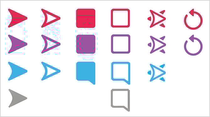 Message status icons in columns from the left:filled-in arrows, empty arrows, filled in square, empty square, empty arrows stacked and pointing opposite directions, arrow formed in a circle pointing counter clockwise