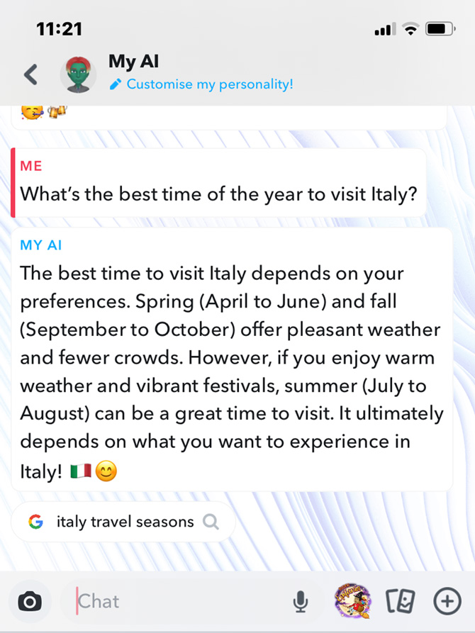 Screenshot of Snapchat My AI conversation regarding when the best time is to travel to Italy. 
