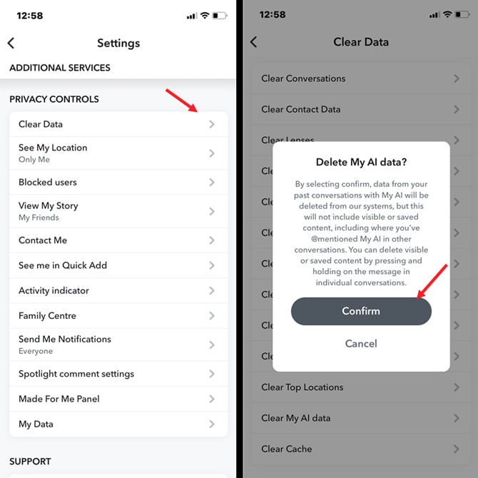 Two screenshots of Snapchat. On the left you see Privacy Controls with Clear Data pointed out. On the right you see a notice confirming that you are deleting all of your My AI data. 