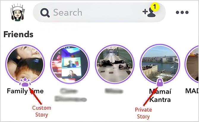 Snapchat story icons: on the far left you see the custom story icon pointed out and on the far right you see the Private story icon pointed out. 