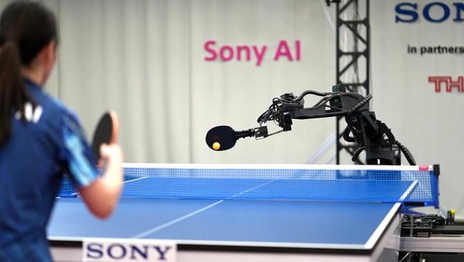 Sony AI Ace robot plays against a professional ping pong player.