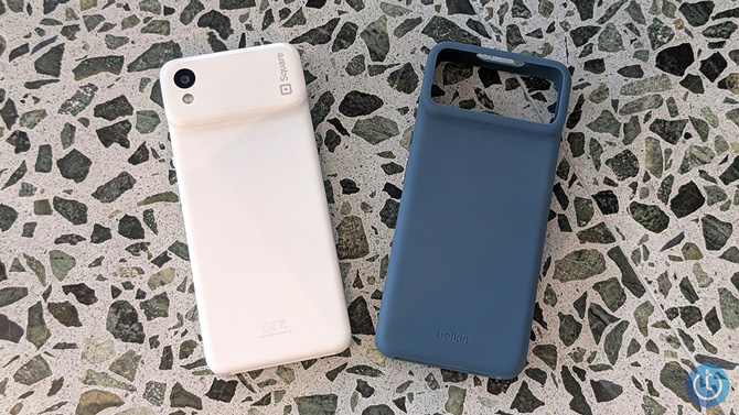 The Square Handheld is on the left shown from the back and the Belkin SheerForce case is shown on the right.
