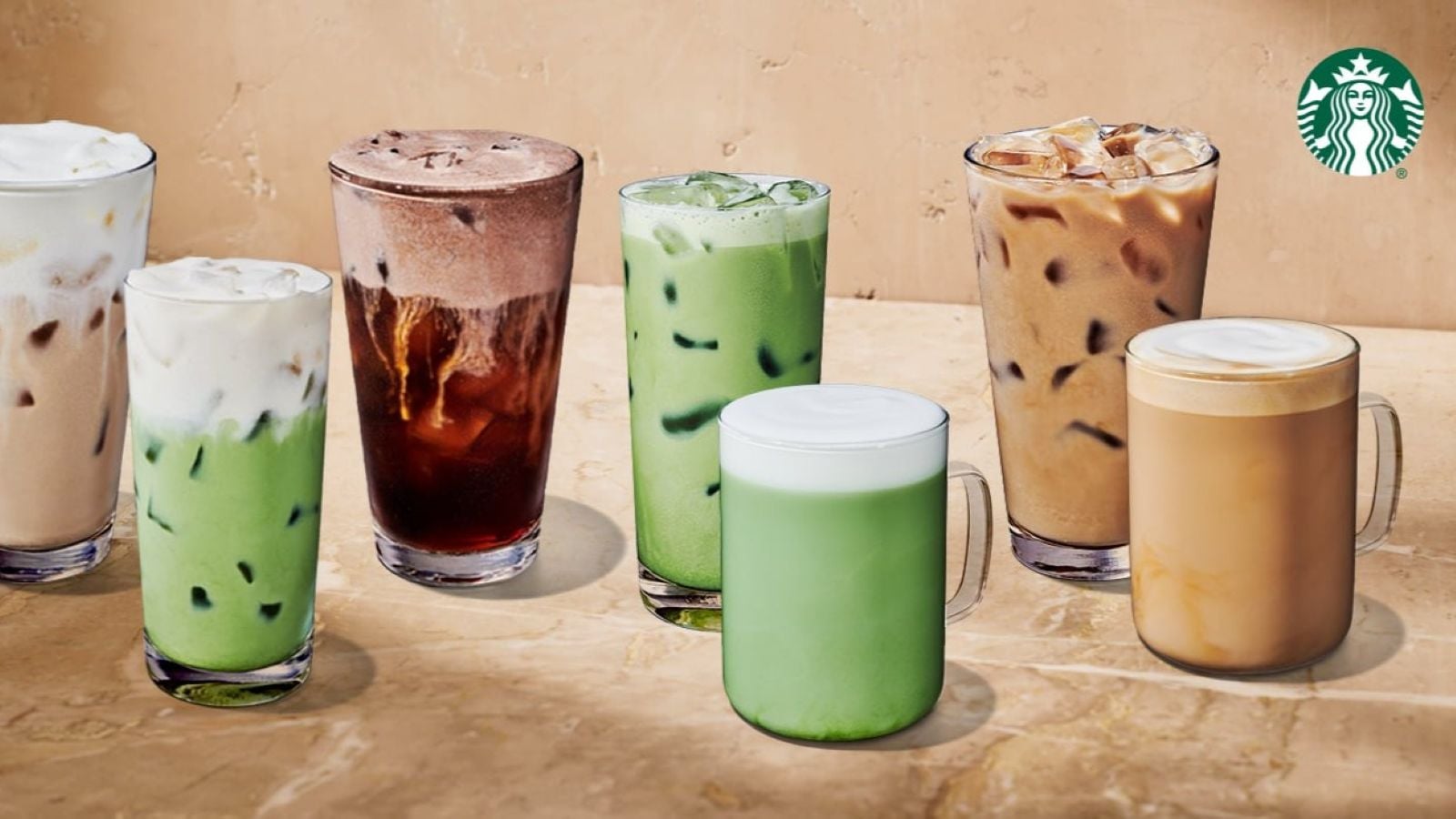 Lineup of Starbucks protein lattes and protein cold foam drinks, including matcha, cold brew, and iced and hot lattes.