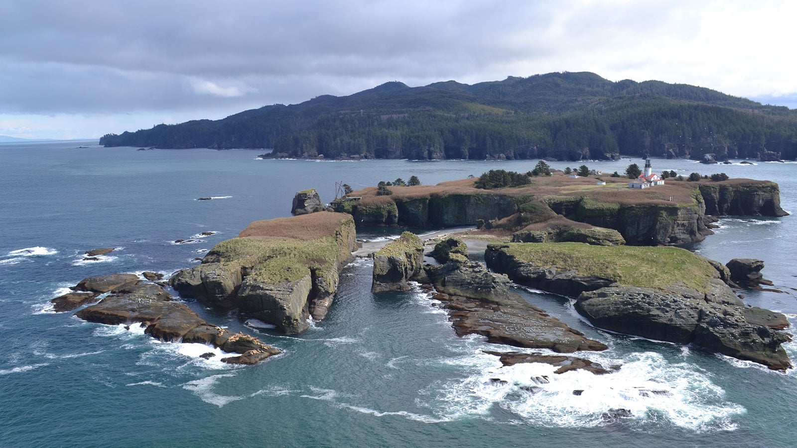 Aerial view of Tatoosh Island off Washington’s coast, showing a lighthouse on a grassy, rocky island surrounded by ocean waves, with forested Cape Flattery in the background.