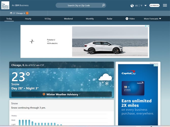 The Weather Channel has a clean graphical interface that clearly shows the current temperature, the day's high and low temperatures, an icon for precipitation, and any weather advisories in the main weather box. Below, you'll find the precipitation forecast if relevant. As you scroll down the page, you can dig deeper into the forecast. 