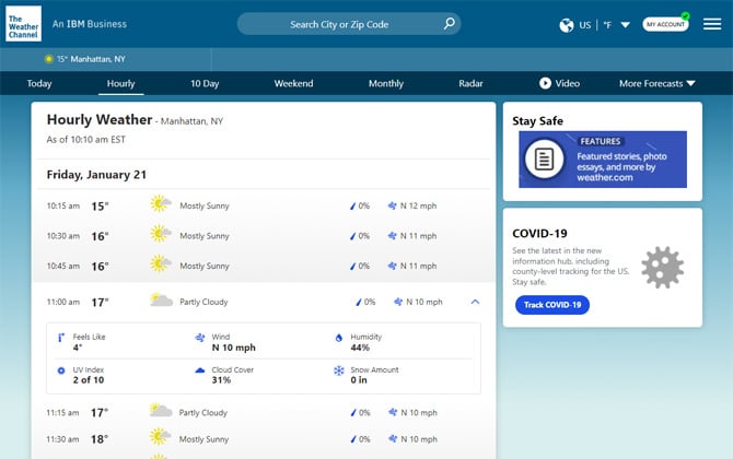 The Weather Channel hourly forecast page showing temperature, feels like temperature, UV index, precipitation, wind speed, humidity and snow amount. Forecasts are in 15-minute increments. 