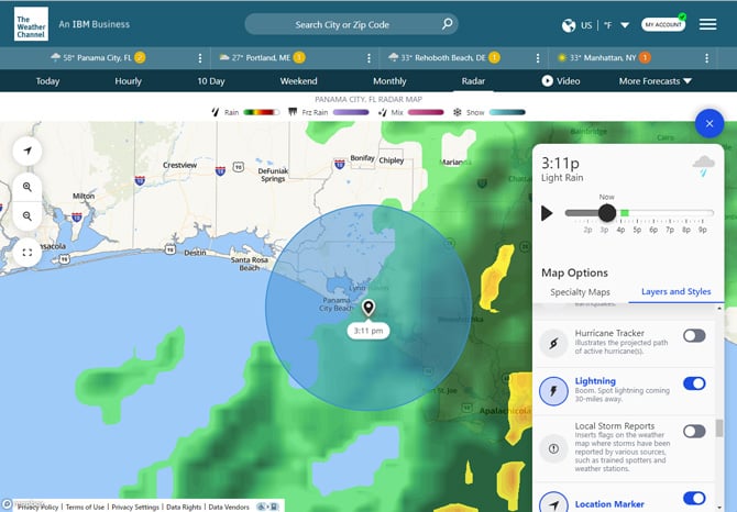 The Weather Channel radar map showing the menu for map layers and the player for seeing the forecast. Options shown are Hurricane Tracker, Lightning, Local Storm Reports.